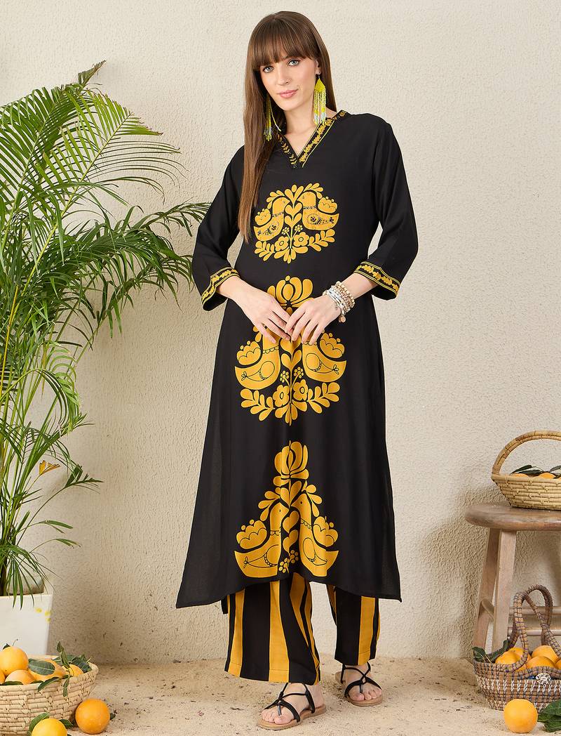 Black printed viscose rayon kurta trouser set