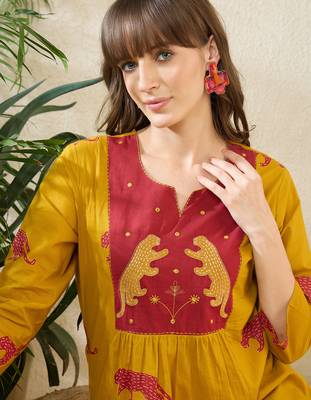 Yellow printed cotton kurta trouser set 2