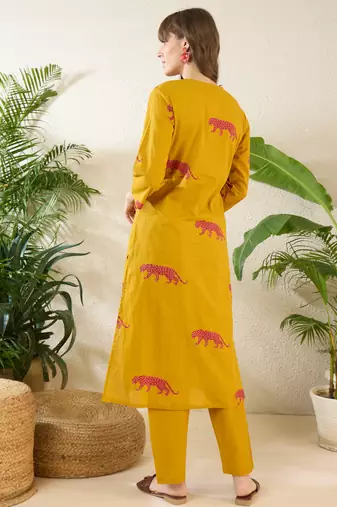 Yellow printed cotton kurta trouser set