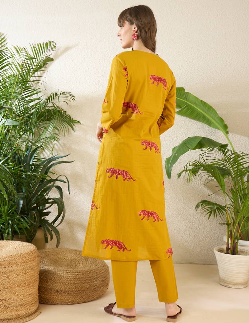 Yellow printed cotton kurta trouser set