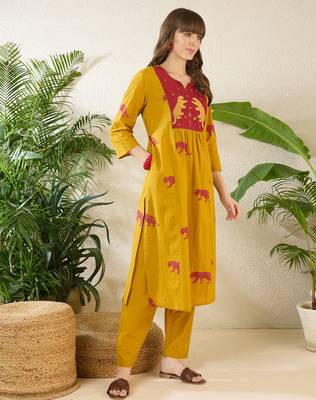 Yellow printed cotton kurta trouser set 1