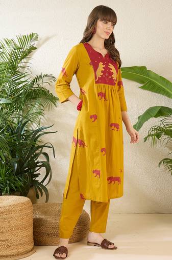 Yellow printed cotton kurta trouser set