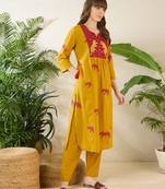 Yellow printed cotton kurta trouser set