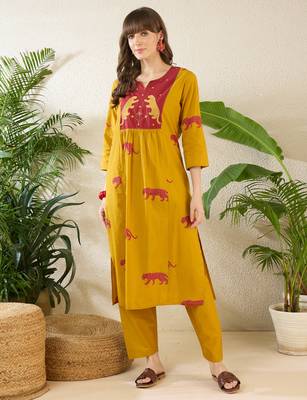 Yellow printed cotton kurta trouser set 4