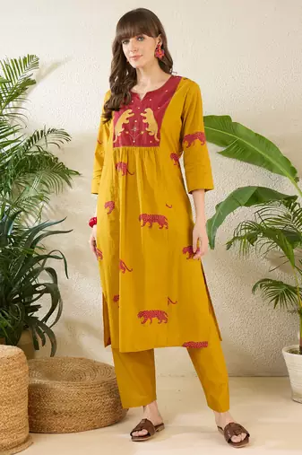 Yellow printed cotton kurta trouser set