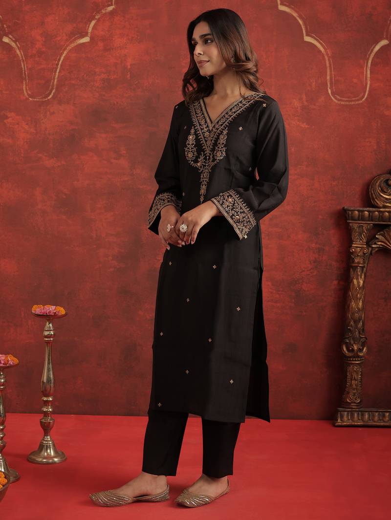 Black embroidered liva kurta trouser set