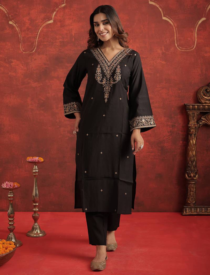 Black embroidered liva kurta trouser set