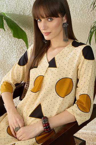 Beige printed cotton kurta trouser set