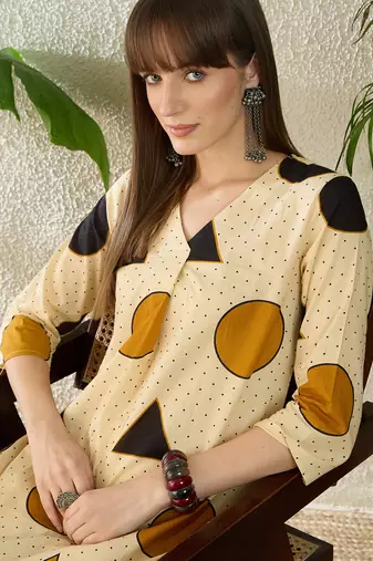 Beige printed cotton kurta trouser set