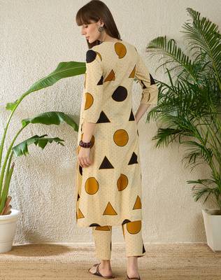 Beige printed cotton kurta trouser set 2