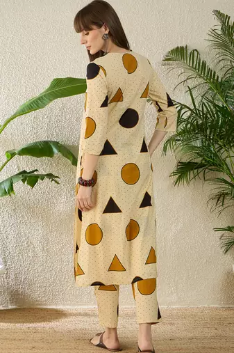 Beige printed cotton kurta trouser set