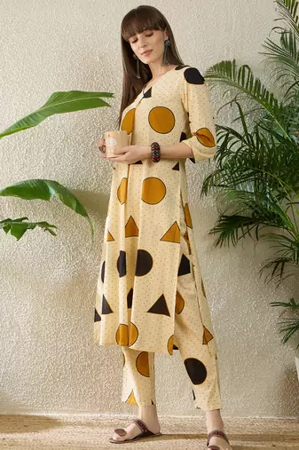 Beige printed cotton kurta trouser set