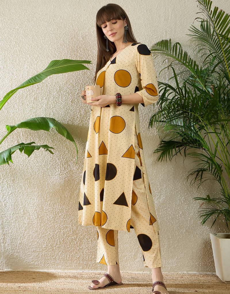 Beige printed cotton kurta trouser set