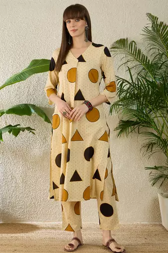 Beige printed cotton kurta trouser set