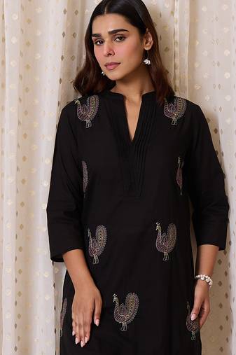 Black printed cotton kurta trouser set