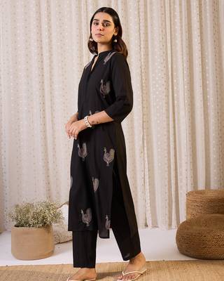 Black printed cotton kurta trouser set 3