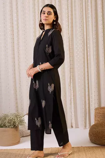 Black printed cotton kurta trouser set