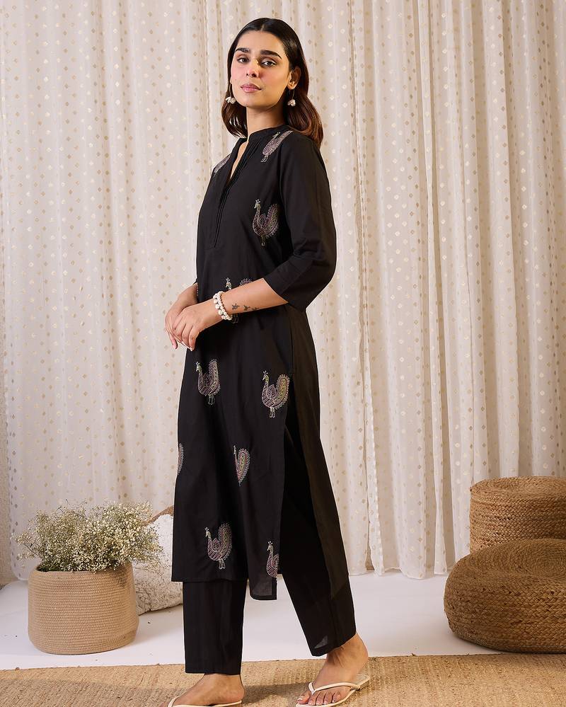 Black printed cotton kurta trouser set