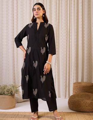 Black printed cotton kurta trouser set 4