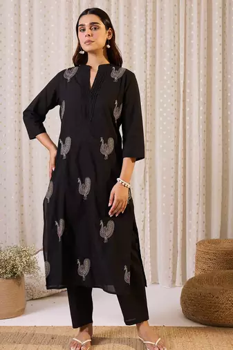 Black printed cotton kurta trouser set
