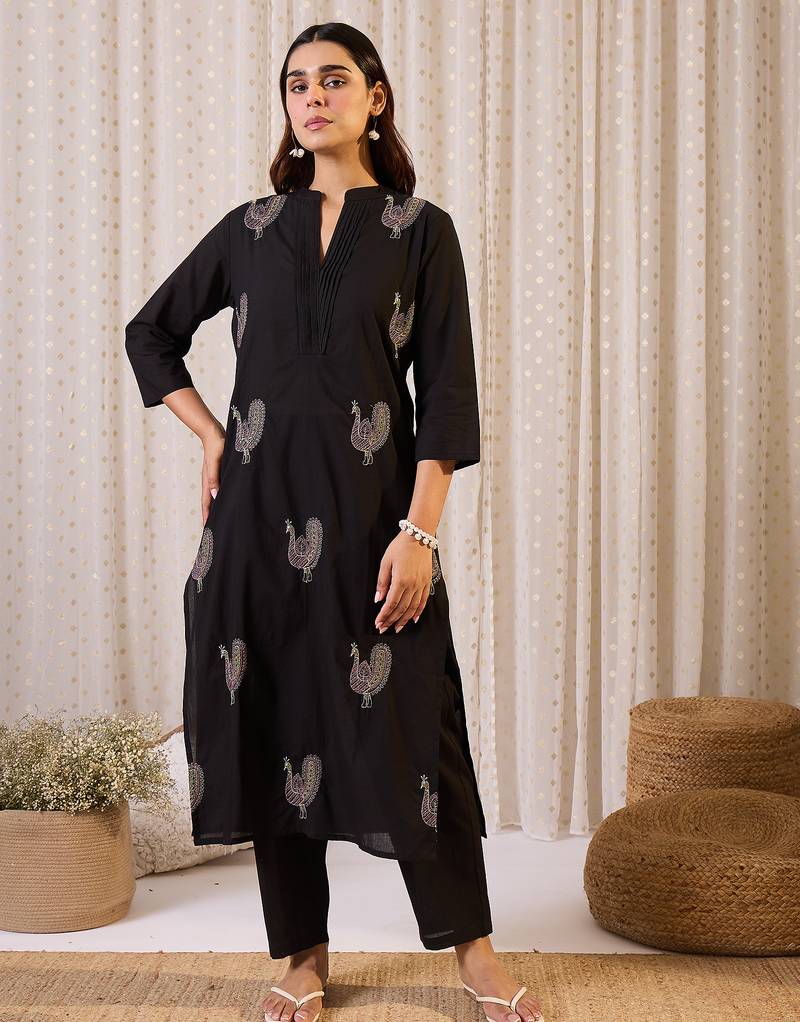 Black printed cotton kurta trouser set