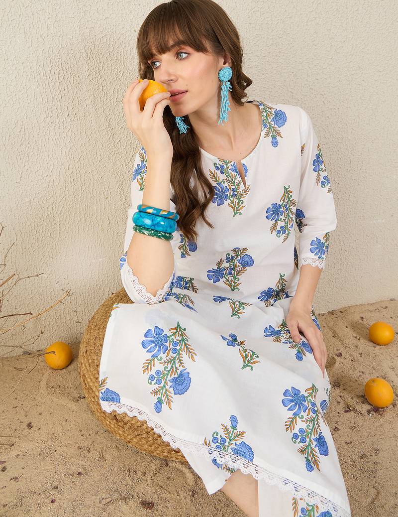 White printed cotton kurta trouser set