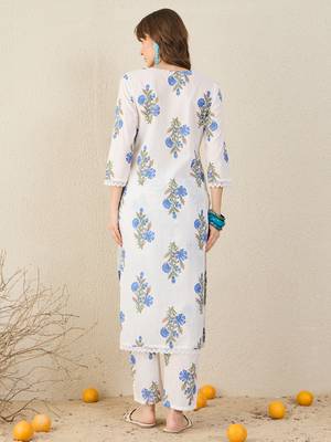 White printed cotton kurta trouser set 3
