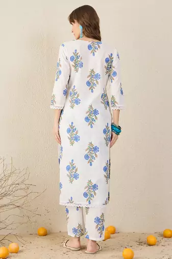 White printed cotton kurta trouser set