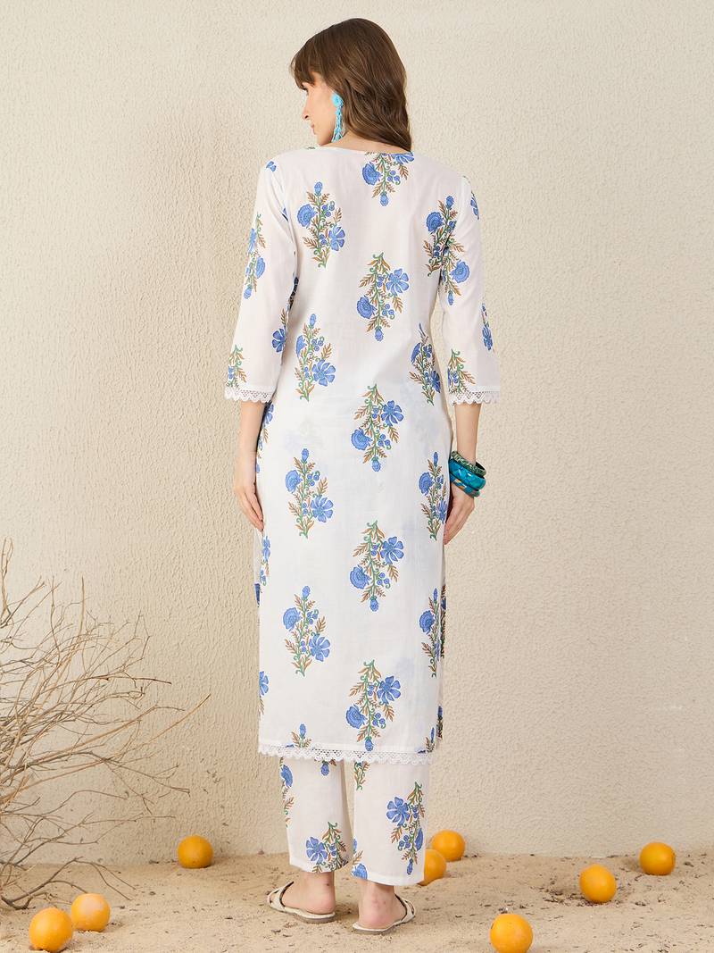 White printed cotton kurta trouser set