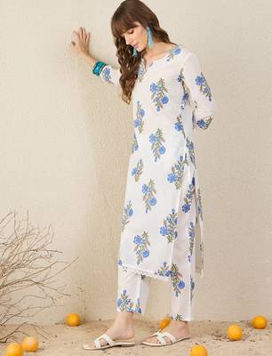 White printed cotton kurta trouser set 4