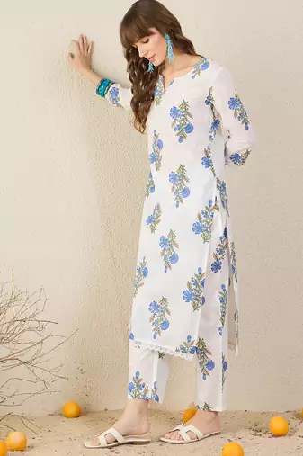 White printed cotton kurta trouser set