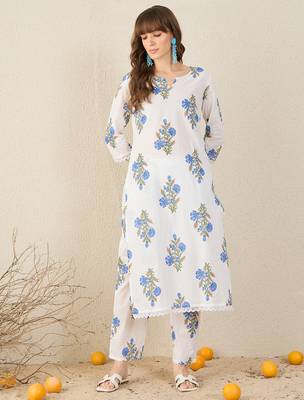 White printed cotton kurta trouser set 1