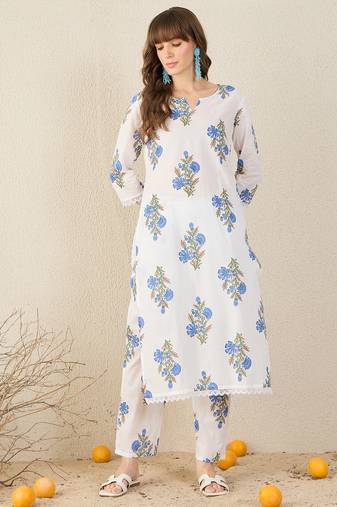 White printed cotton kurta trouser set