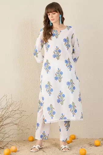 White printed cotton kurta trouser set