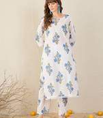 White printed cotton kurta trouser set