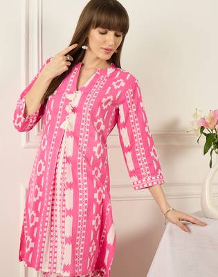 Pink printed cotton kurta trouser set 1