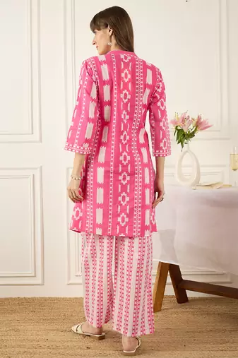Pink printed cotton kurta trouser set