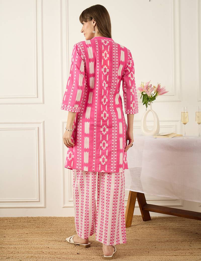 Pink printed cotton kurta trouser set
