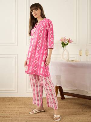 Pink printed cotton kurta trouser set 3