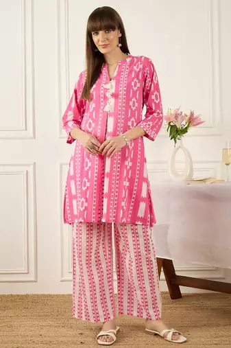 Pink printed cotton kurta trouser set