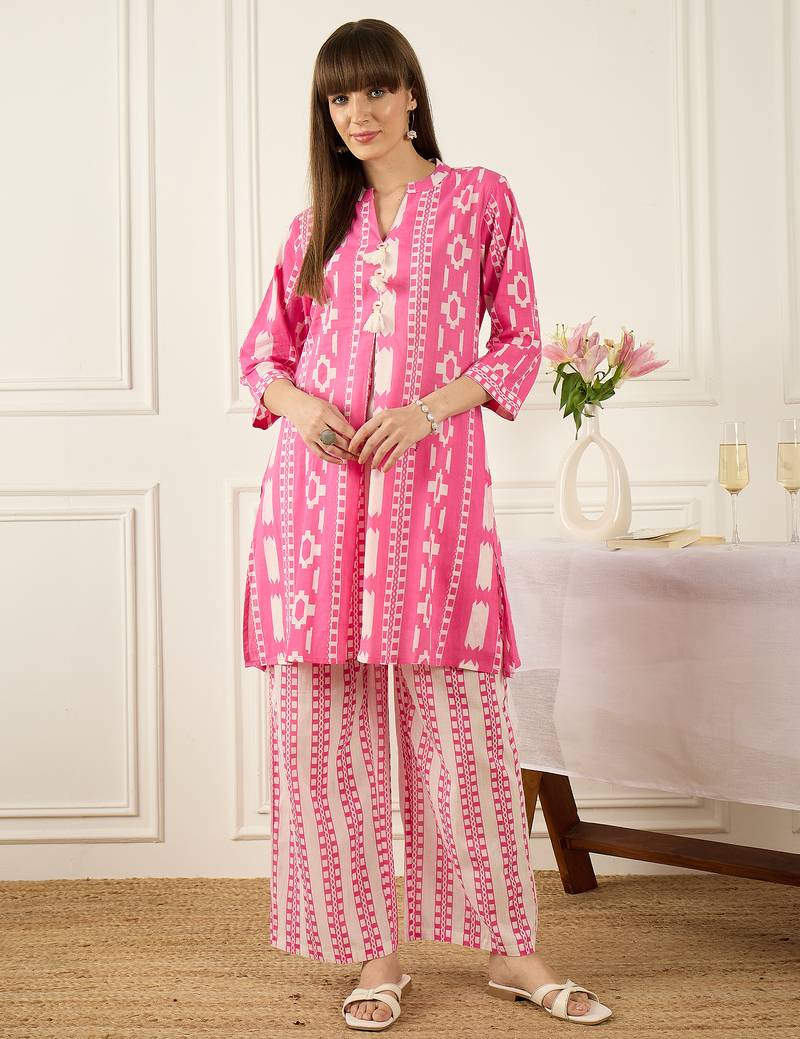Pink printed cotton kurta trouser set