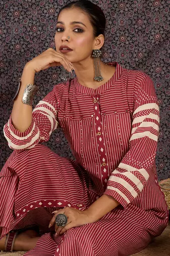 Red printed cotton kurta trouser set