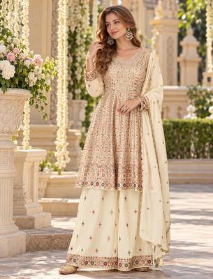 White georgette readymade suit with embroidery & sequence work 1
