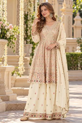 White georgette readymade suit with embroidery & sequence work