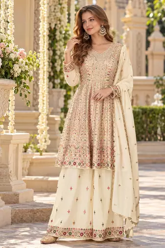 White georgette readymade suit with embroidery & sequence work