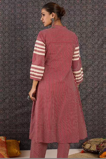 Red printed cotton kurta trouser set