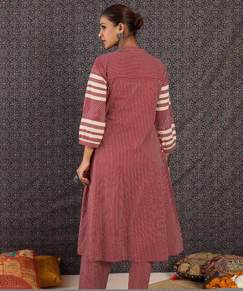 Red printed cotton kurta trouser set