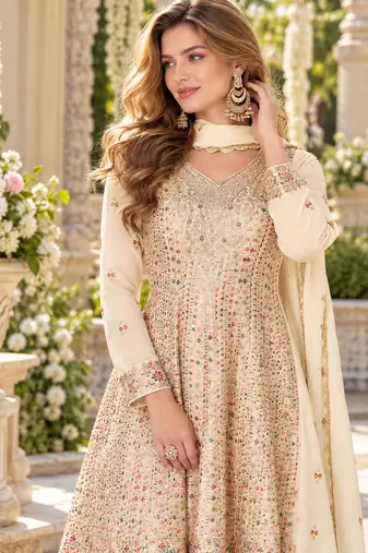 White georgette readymade suit with embroidery & sequence work