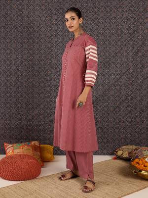 Red printed cotton kurta trouser set 3