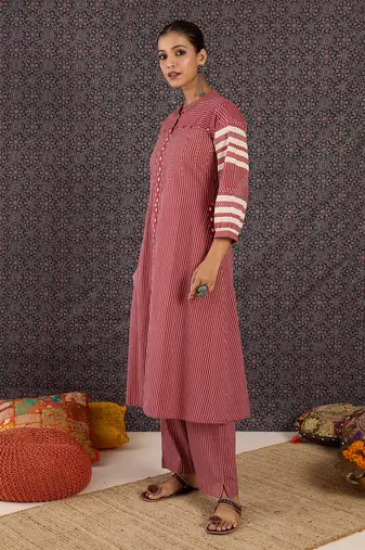 Red printed cotton kurta trouser set